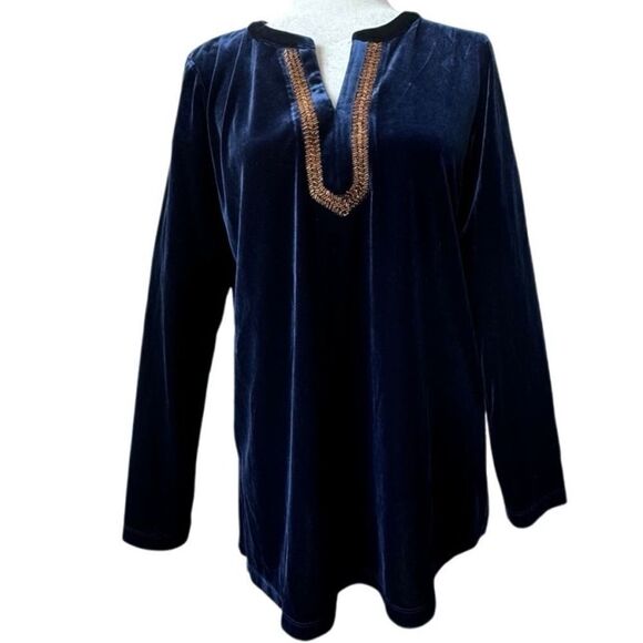 Susan Graver Artisan Velvet Blue Tunic Gold Bead Trim Long Sleeve Size Small - Picture 11 of 11